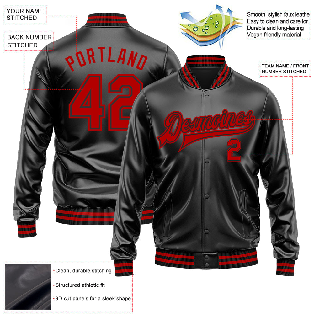 Custom Black Red-Black Bomber Full-Snap Varsity Faux Leather Letterman Jacket view 2