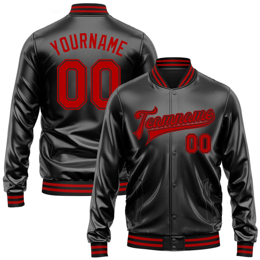 Custom Black Red-Black Bomber Full-Snap Varsity Faux Leather Letterman Jacket - Main View