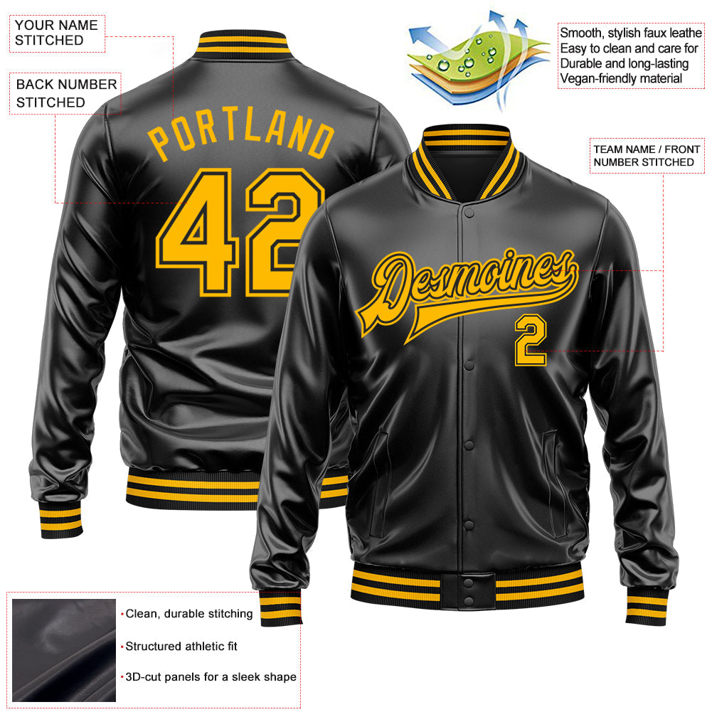 Custom Black Gold-Black Bomber Full-Snap Varsity Faux Leather Letterman Jacket view 2