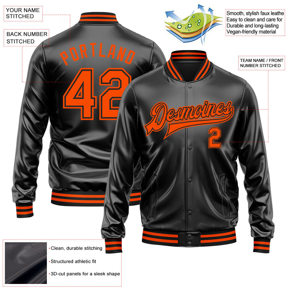 Custom Black Orange-Black Bomber Full-Snap Varsity Faux Leather Letterman Jacket view 2
