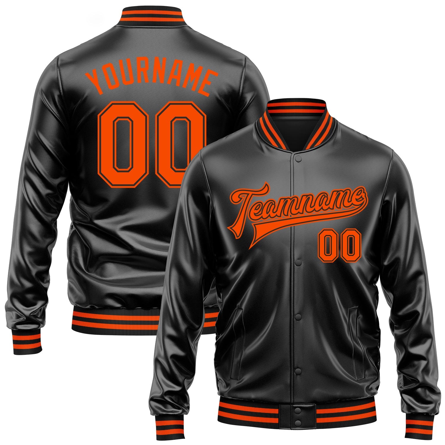 Custom Black Orange-Black Bomber Full-Snap Varsity Faux Leather Letterman Jacket - Main View