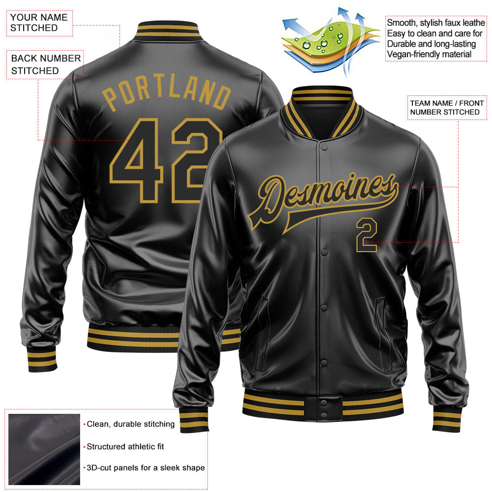 Custom Black Black-Old Gold Bomber Full-Snap Varsity Faux Leather Letterman Jacket view 2