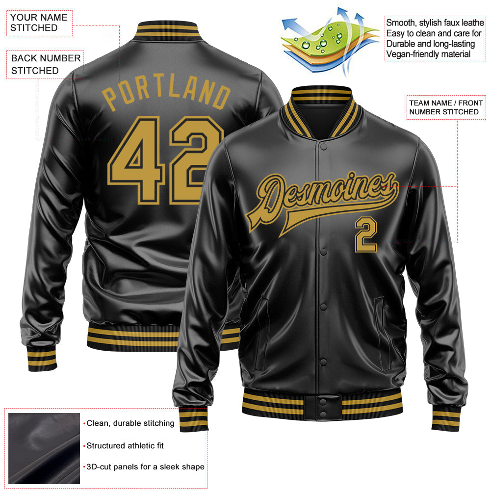 Custom Black Old Gold-Black Bomber Full-Snap Varsity Faux Leather Letterman Jacket view 2