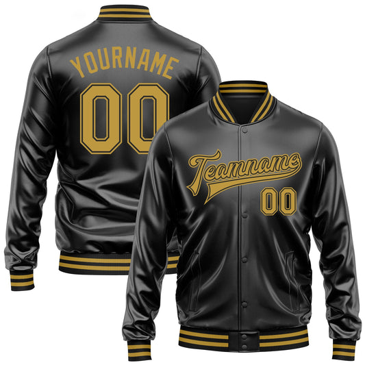 Custom Black Old Gold-Black Bomber Full-Snap Varsity Faux Leather Letterman Jacket - Main View