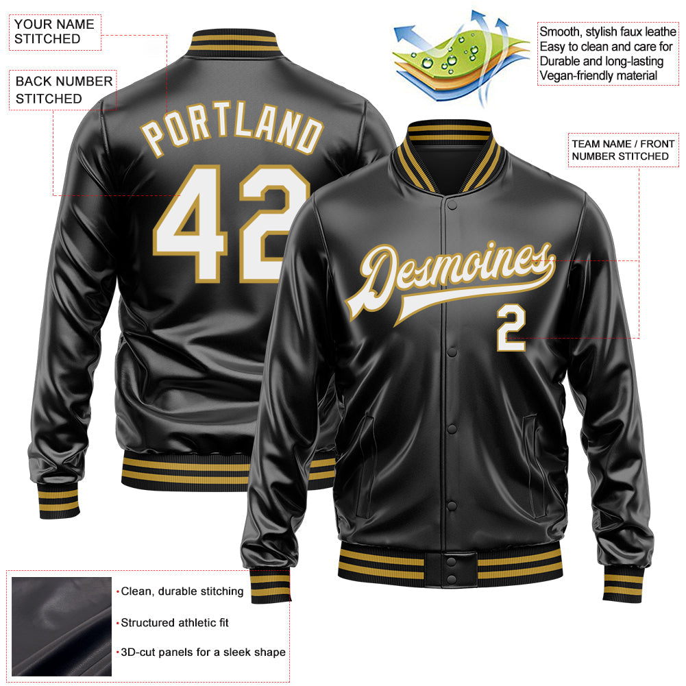 Custom Black White-Old Gold Bomber Full-Snap Varsity Faux Leather Letterman Jacket view 2