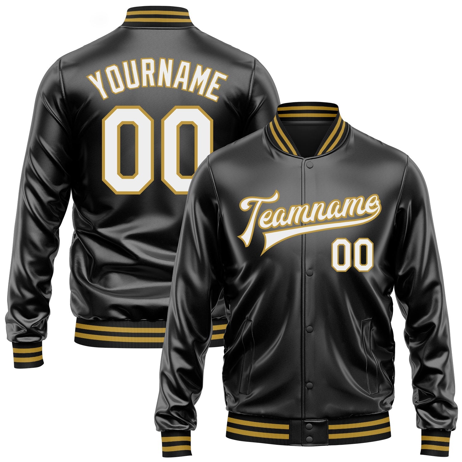 Custom Black White-Old Gold Bomber Full-Snap Varsity Faux Leather Letterman Jacket - Main View