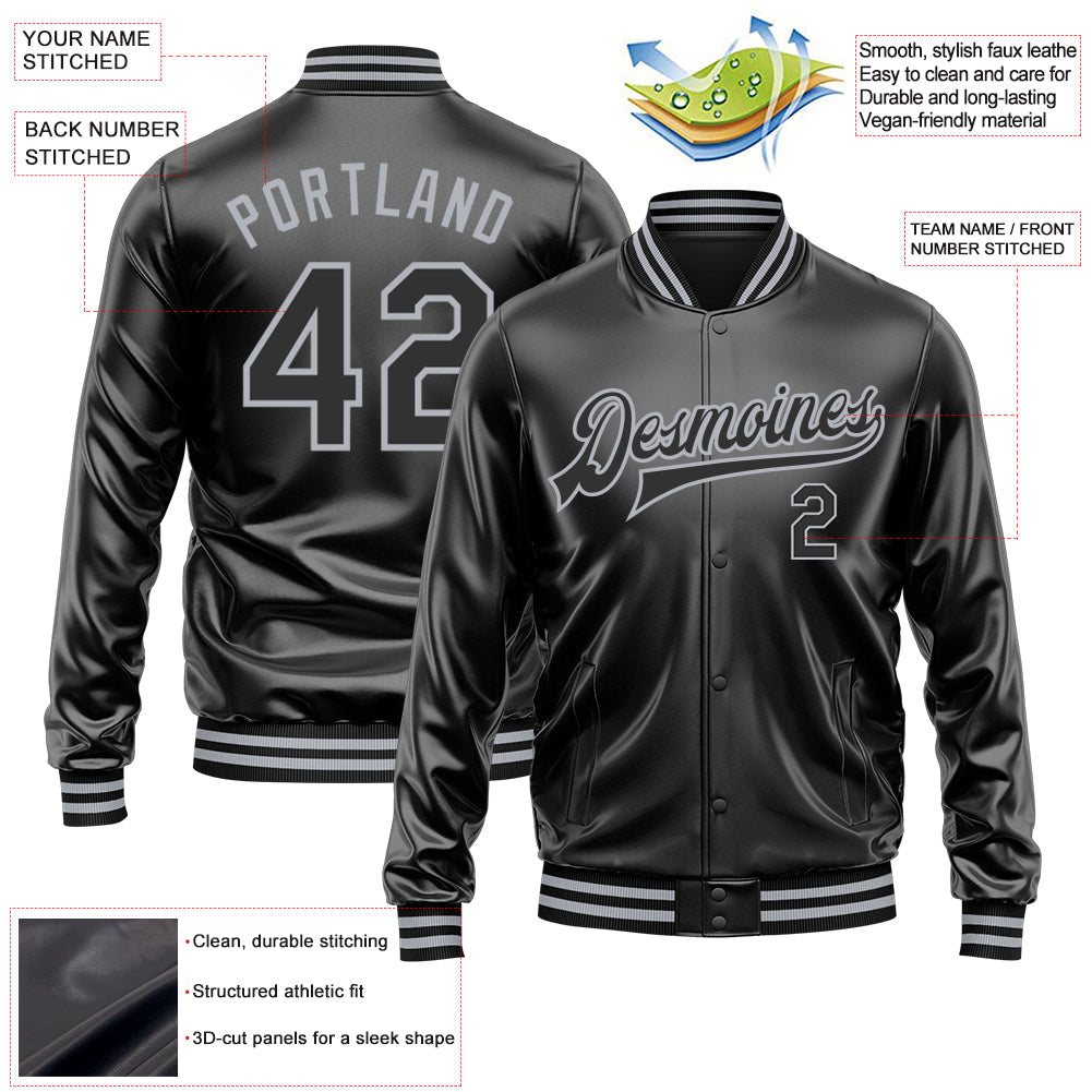 Custom Black Black-Gray Bomber Full-Snap Varsity Faux Leather Letterman Jacket view 2