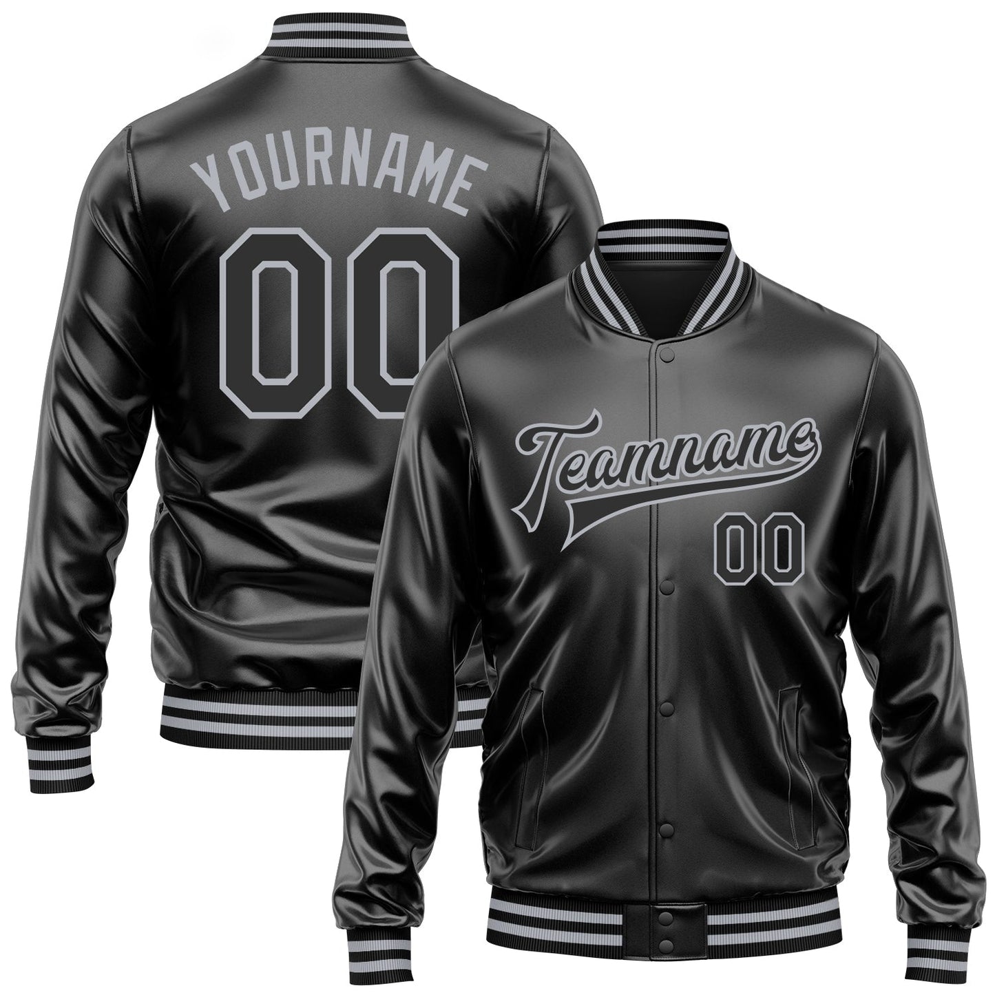 Custom Black Black-Gray Bomber Full-Snap Varsity Faux Leather Letterman Jacket - Main View