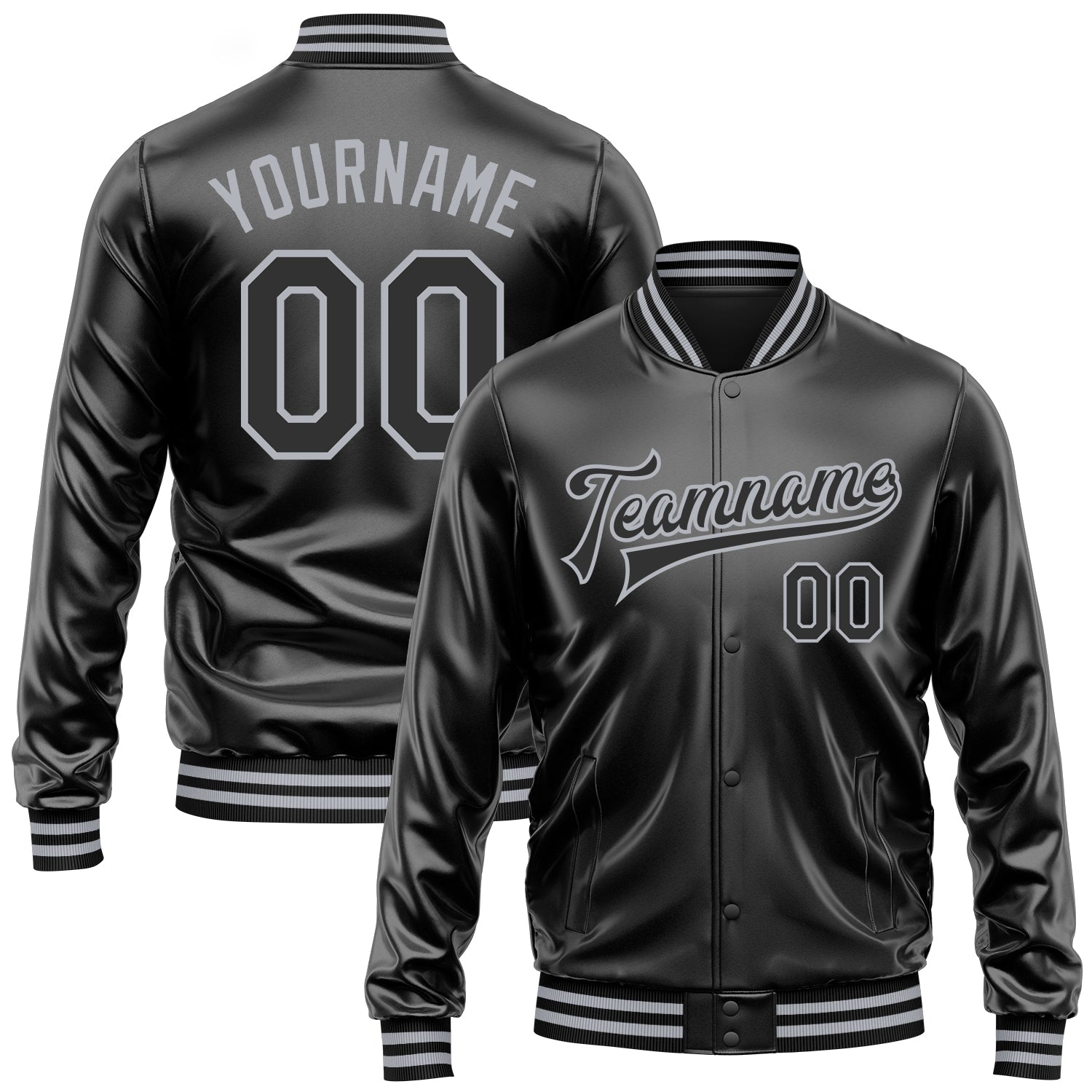 Custom Black Black-Gray Bomber Full-Snap Varsity Faux Leather Letterman Jacket - Main View