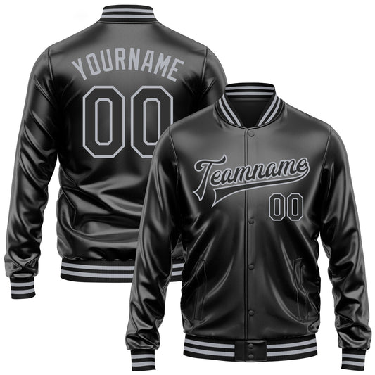 Custom Black Black-Gray Bomber Full-Snap Varsity Faux Leather Letterman Jacket - Main View