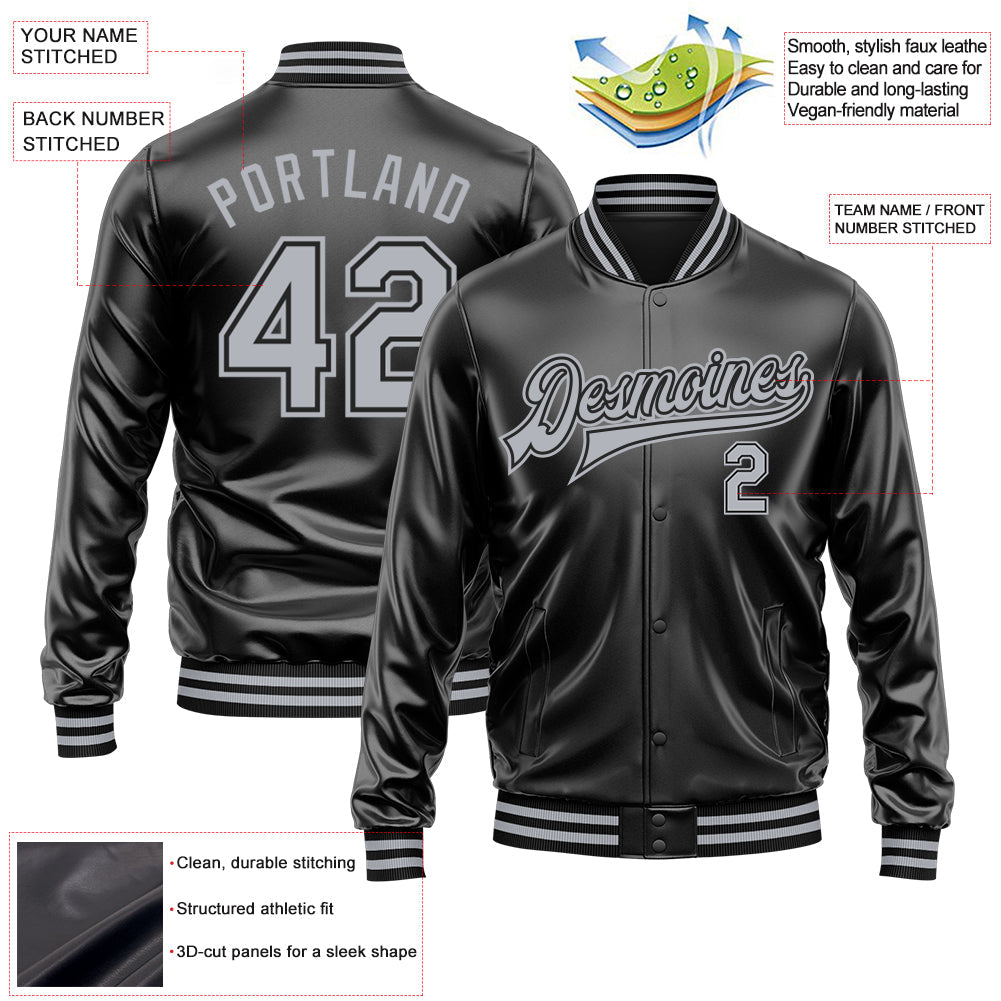 Custom Black Gray-Black Bomber Full-Snap Varsity Faux Leather Letterman Jacket view 2