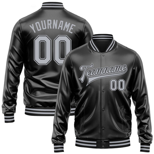 Custom Black Gray-Black Bomber Full-Snap Varsity Faux Leather Letterman Jacket - Main View
