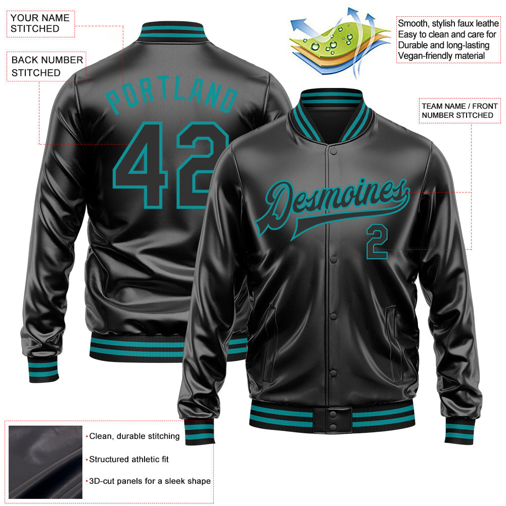 Custom Black Black-Teal Bomber Full-Snap Varsity Faux Leather Letterman Jacket view 2