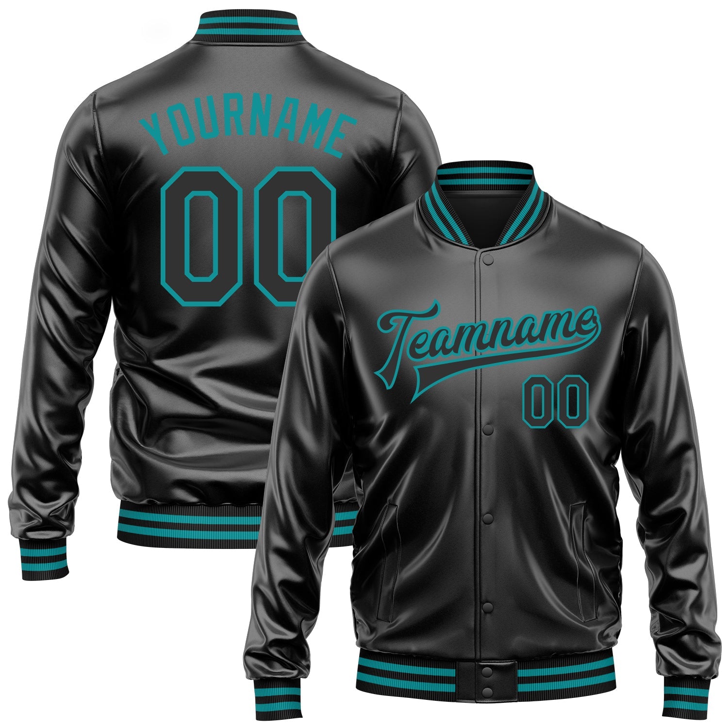Custom Black Black-Teal Bomber Full-Snap Varsity Faux Leather Letterman Jacket - Main View