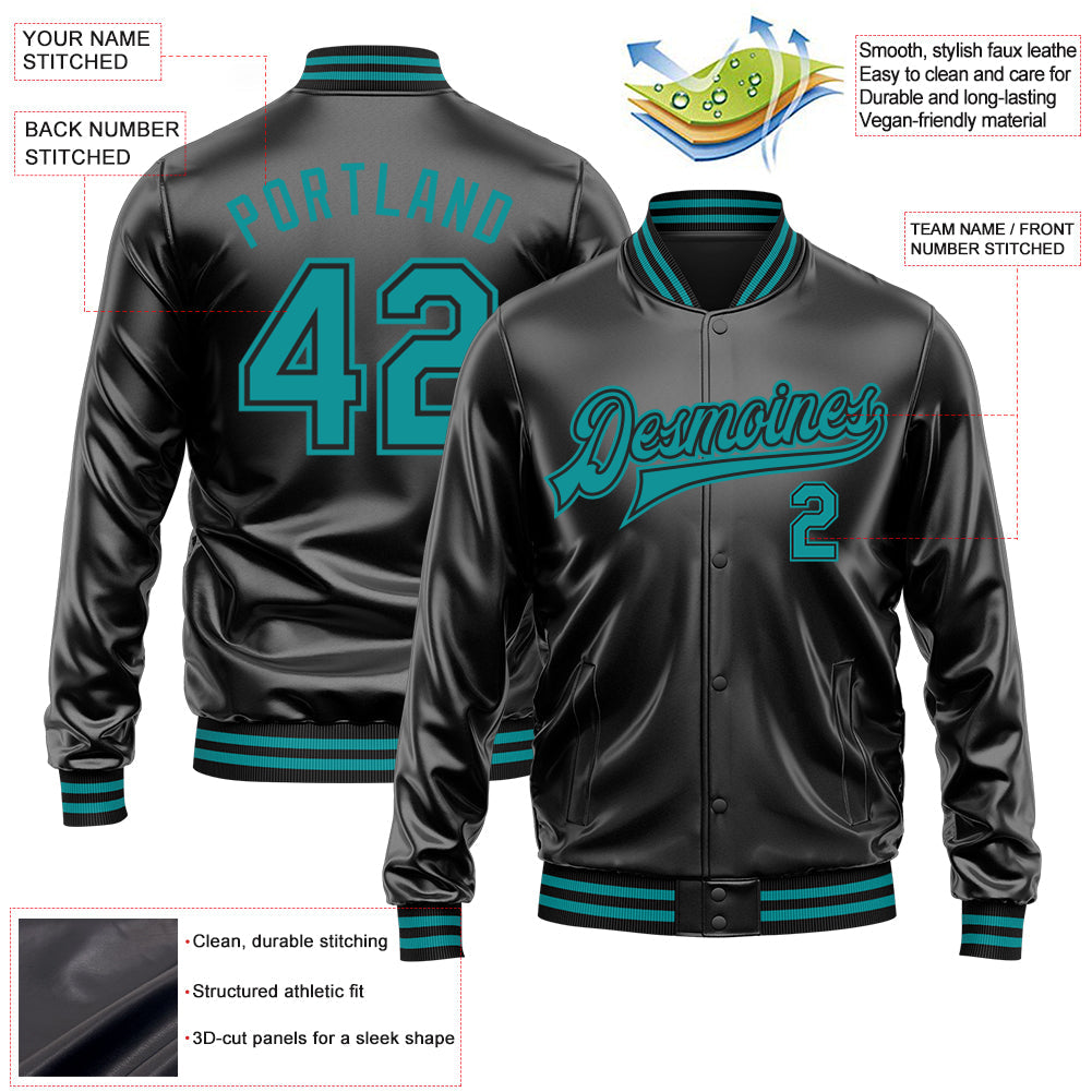 Custom Black Teal-Black Bomber Full-Snap Varsity Faux Leather Letterman Jacket view 2