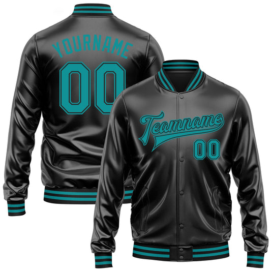 Custom Black Teal-Black Bomber Full-Snap Varsity Faux Leather Letterman Jacket - Main View