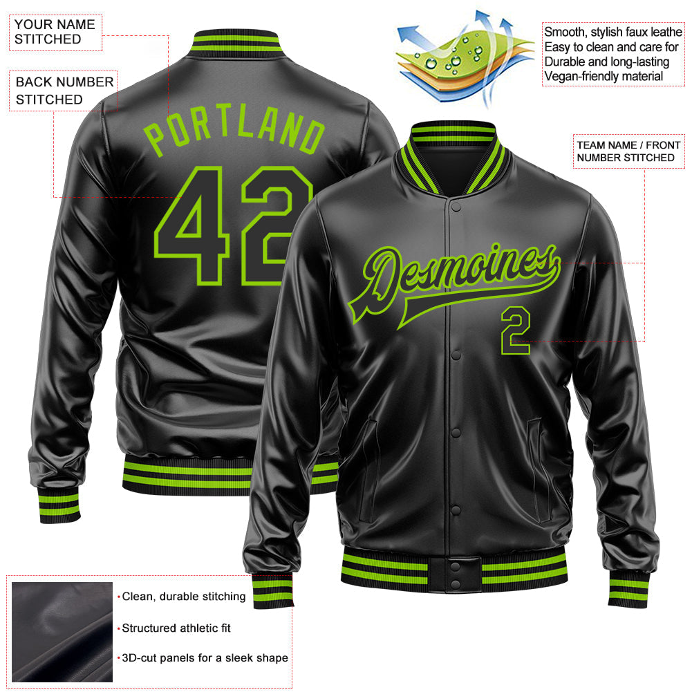 Custom Black Black-Neon Green Bomber Full-Snap Varsity Faux Leather Letterman Jacket view 2