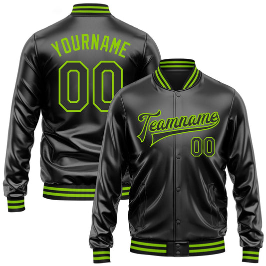 Custom Black Black-Neon Green Bomber Full-Snap Varsity Faux Leather Letterman Jacket - Main View