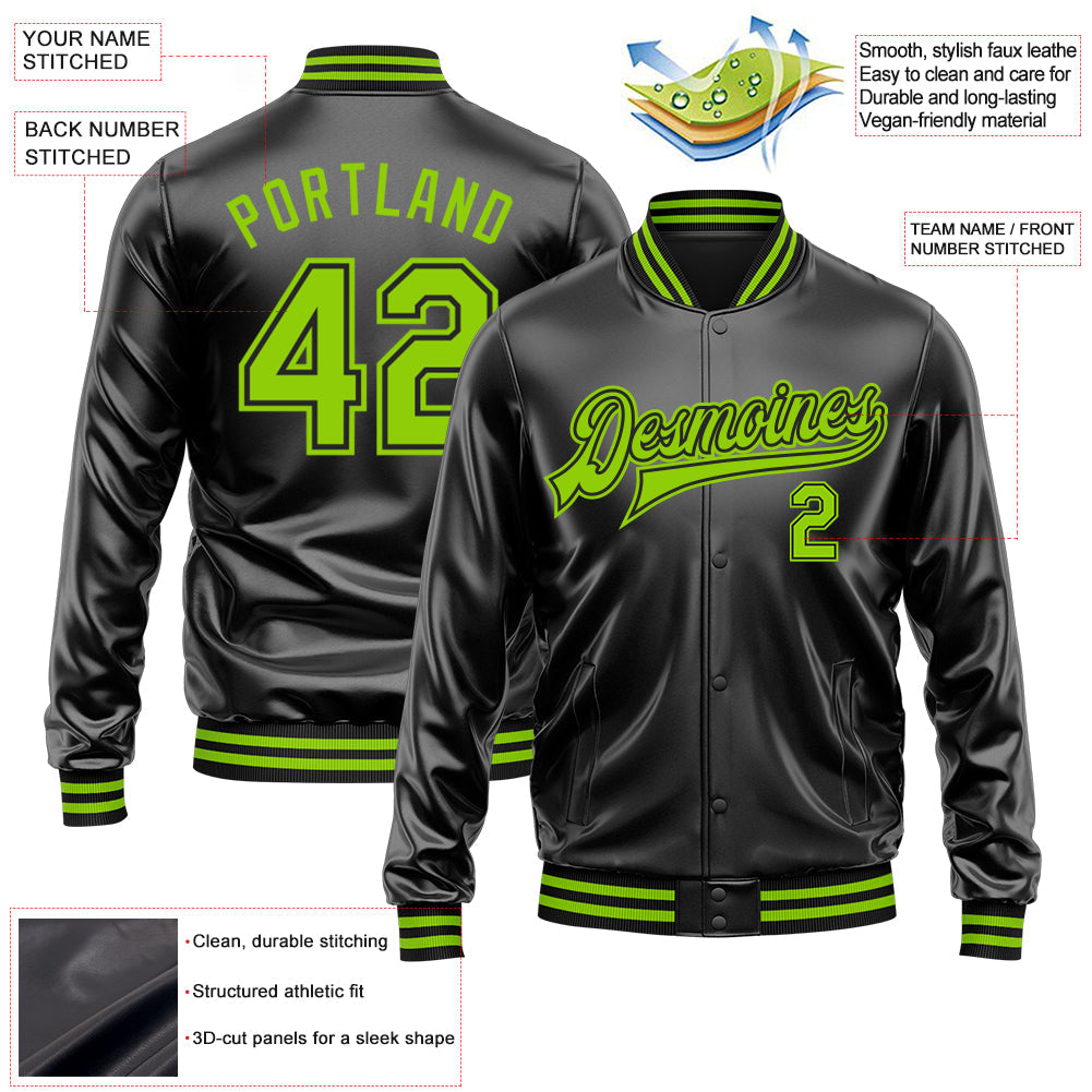 Custom Black Neon Green-Black Bomber Full-Snap Varsity Faux Leather Letterman Jacket view 2