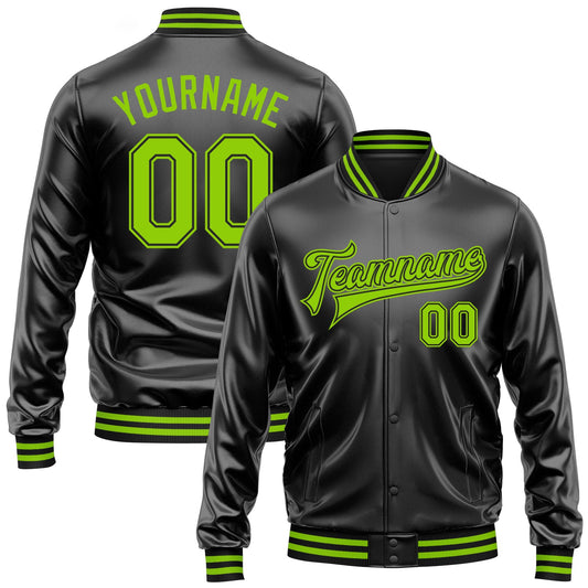 Custom Black Neon Green-Black Bomber Full-Snap Varsity Faux Leather Letterman Jacket - Main View