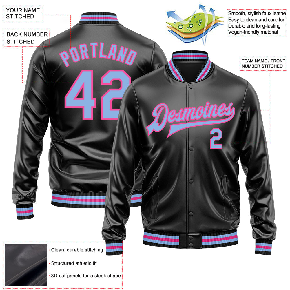 Custom Black Light Blue-Pink Bomber Full-Snap Varsity Faux Leather Letterman Jacket view 2