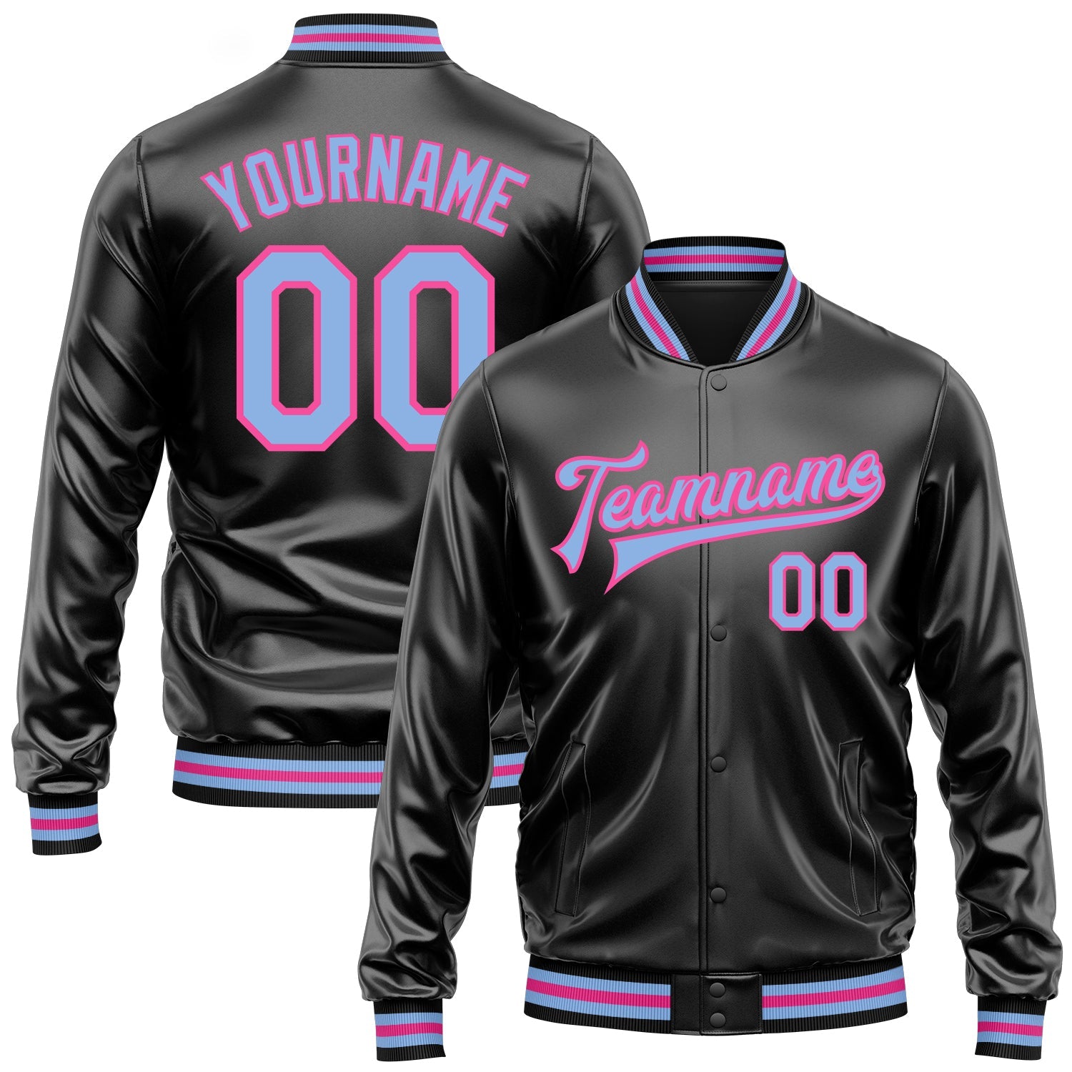Custom Black Light Blue-Pink Bomber Full-Snap Varsity Faux Leather Letterman Jacket - Main View