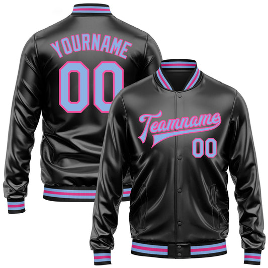 Custom Black Light Blue-Pink Bomber Full-Snap Varsity Faux Leather Letterman Jacket - Main View