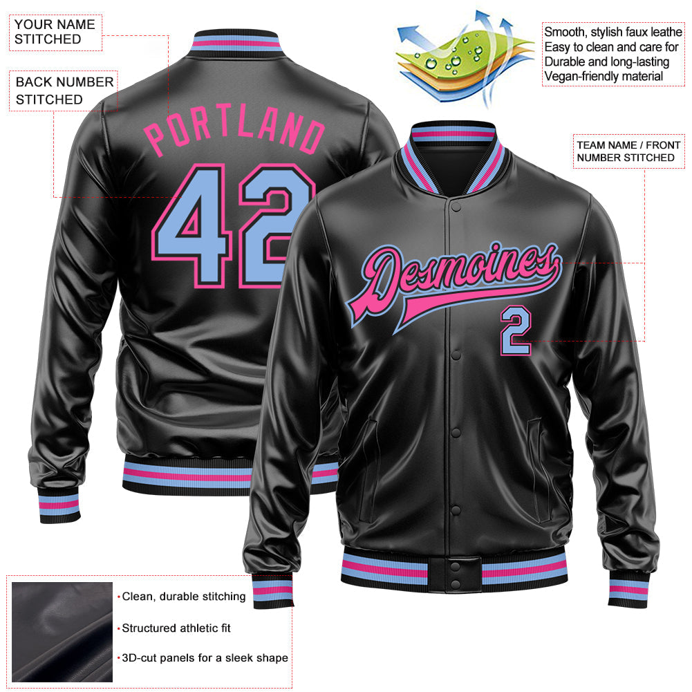 Custom Black Light Blue-Pink Bomber Full-Snap Varsity Faux Leather Letterman Jacket view 2