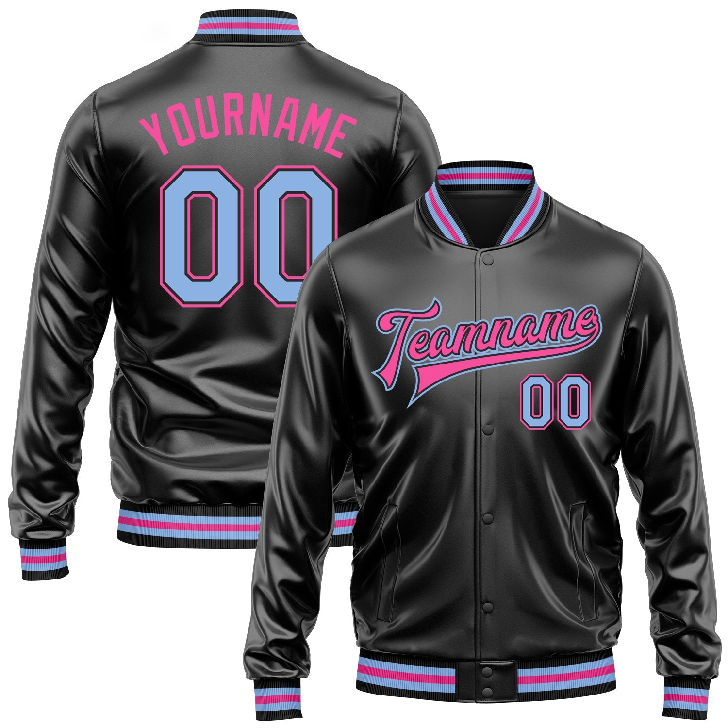 Custom Black Light Blue-Pink Bomber Full-Snap Varsity Faux Leather Letterman Jacket - Main View