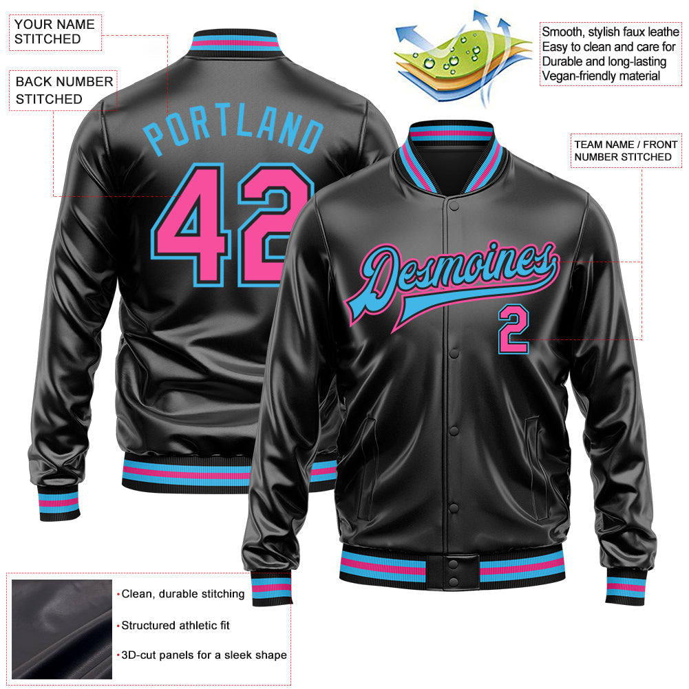 Custom Black Pink-Sky Blue Bomber Full-Snap Varsity Faux Leather Letterman Jacket view 2