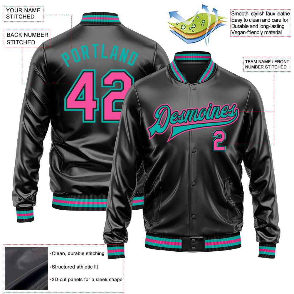 Custom Black Pink-Aqua Bomber Full-Snap Varsity Faux Leather Letterman Jacket view 2