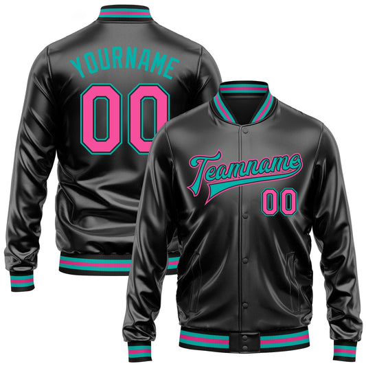 Custom Black Pink-Aqua Bomber Full-Snap Varsity Faux Leather Letterman Jacket - Main View