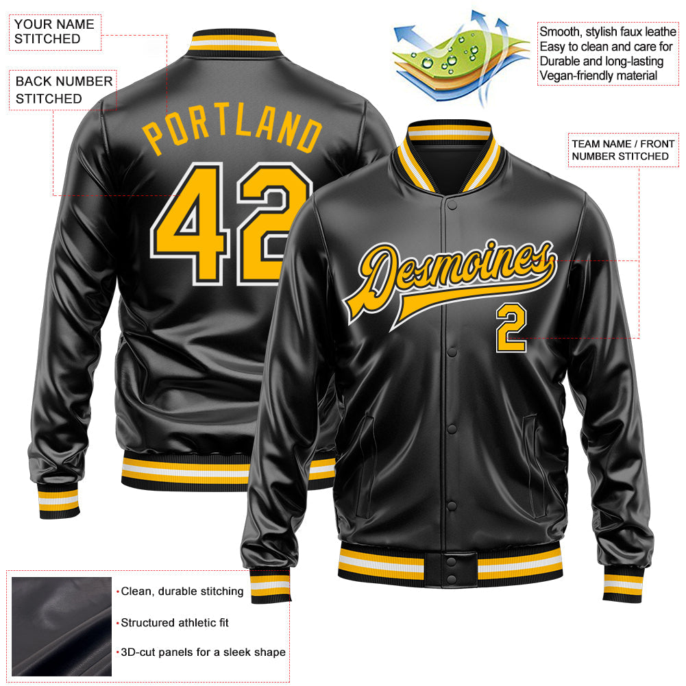 Custom Black Gold-White Bomber Full-Snap Varsity Faux Leather Letterman Jacket view 2