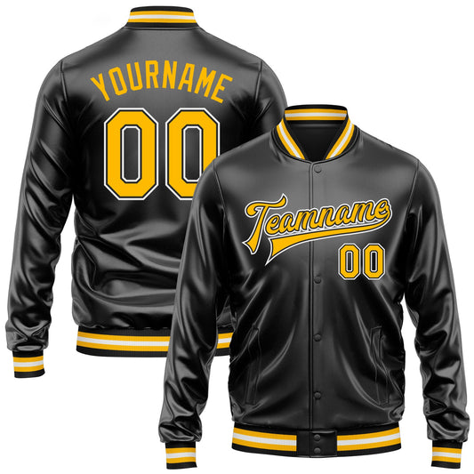 Custom Black Gold-White Bomber Full-Snap Varsity Faux Leather Letterman Jacket - Main View