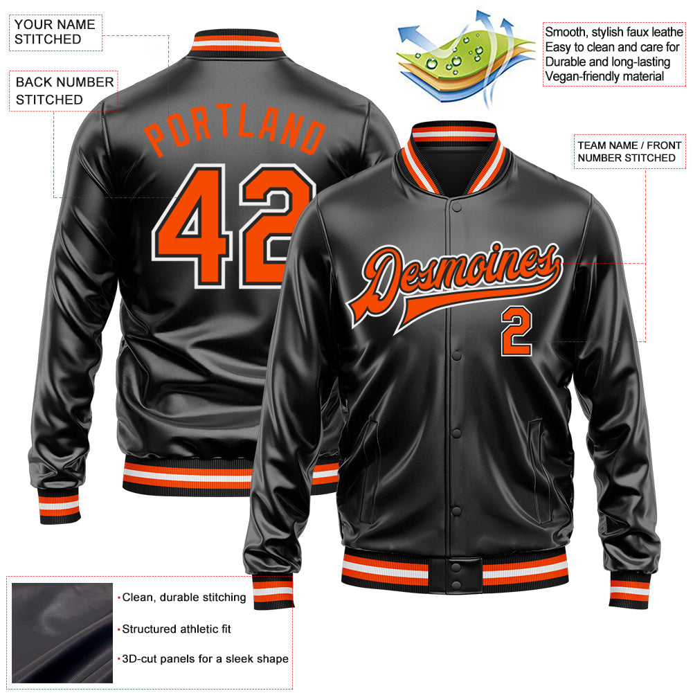Custom Black Orange-White Bomber Full-Snap Varsity Faux Leather Letterman Jacket view 2
