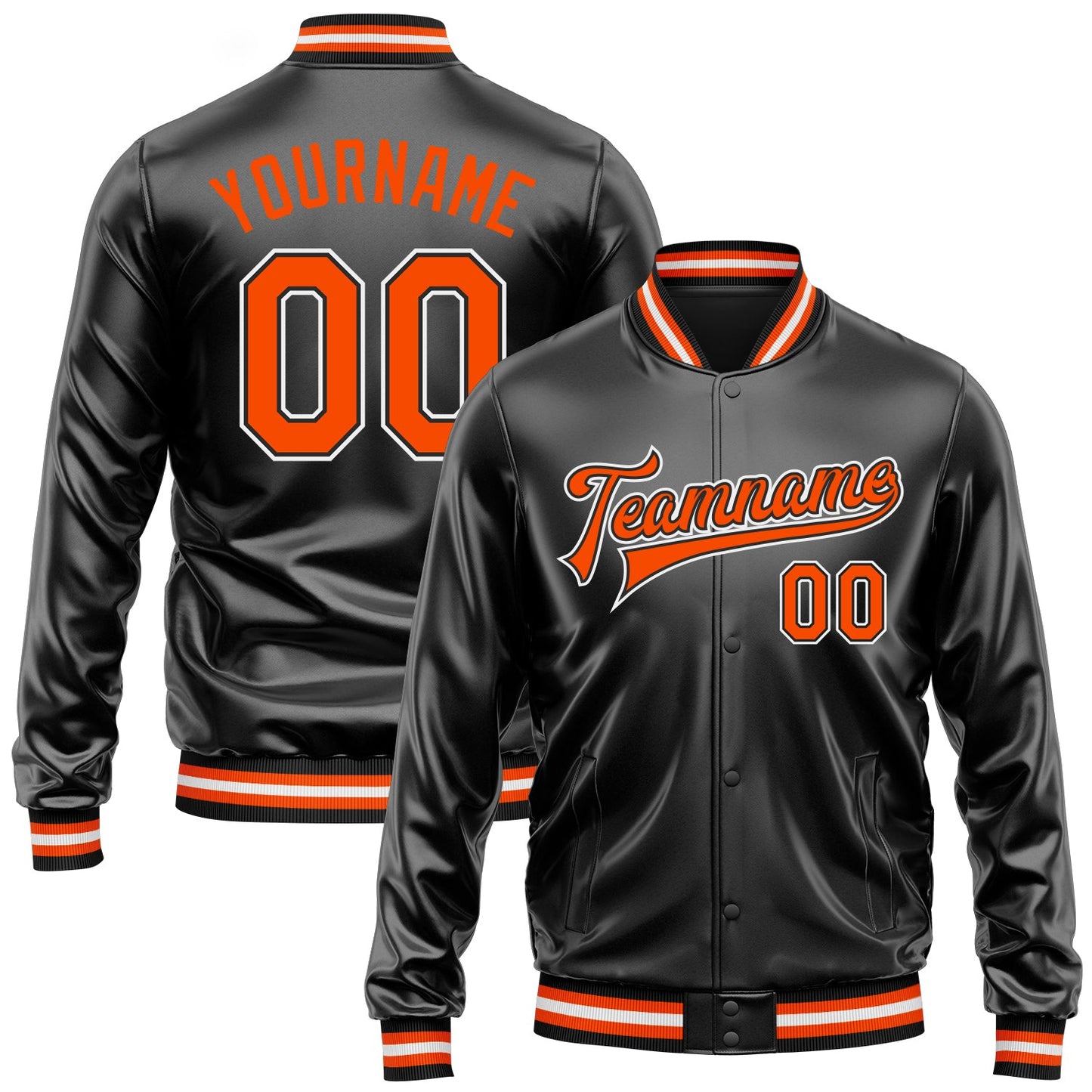 Custom Black Orange-White Bomber Full-Snap Varsity Faux Leather Letterman Jacket - Main View