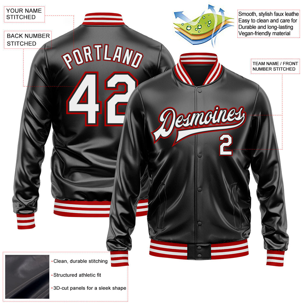 Custom Black White-Red Bomber Full-Snap Varsity Faux Leather Letterman Jacket view 2