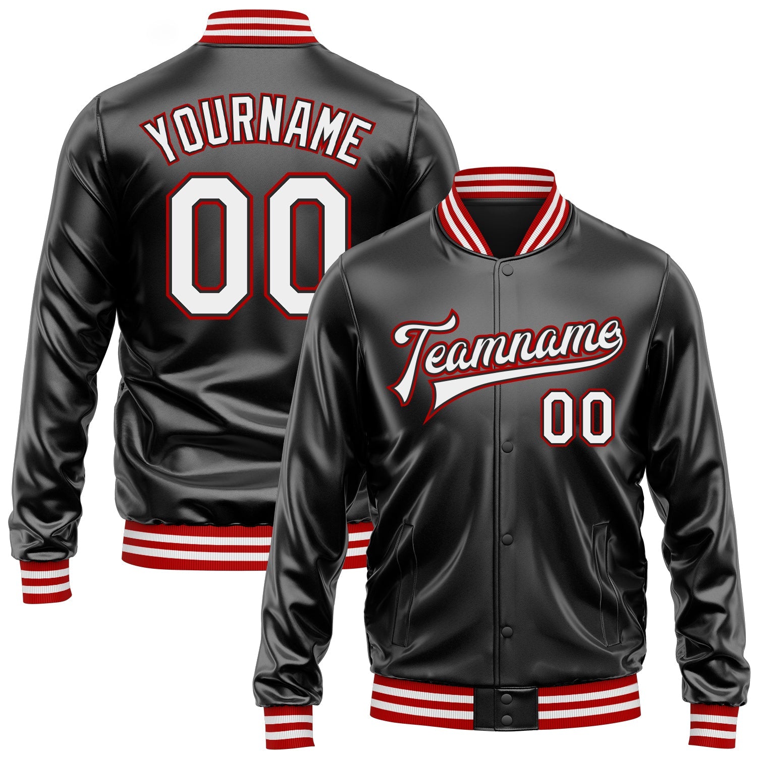 Custom Black White-Red Bomber Full-Snap Varsity Faux Leather Letterman Jacket - Main View