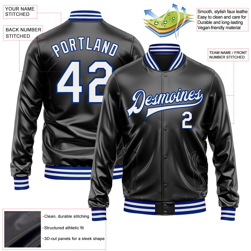 Custom Black White-Royal Bomber Full-Snap Varsity Faux Leather Letterman Jacket view 2