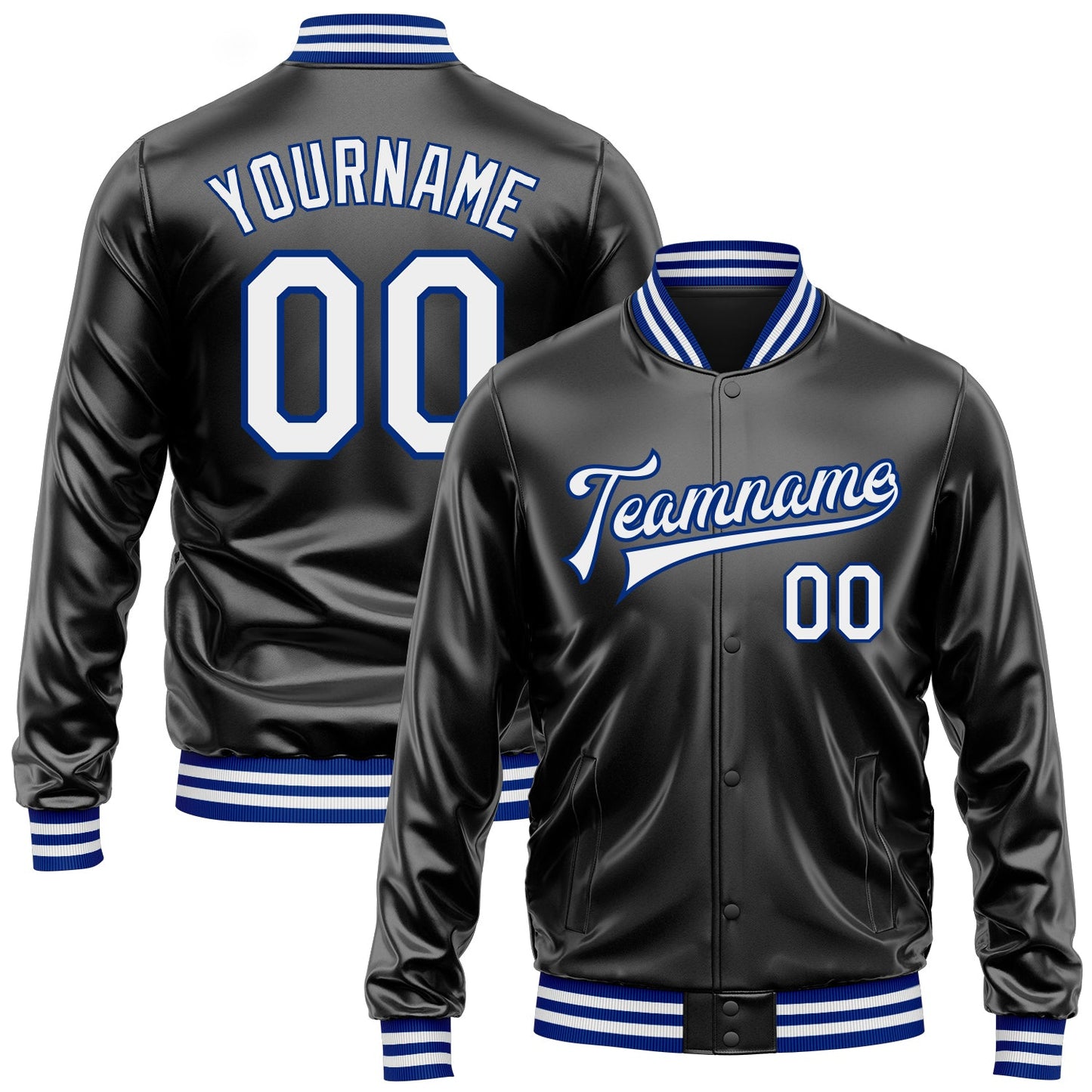 Custom Black White-Royal Bomber Full-Snap Varsity Faux Leather Letterman Jacket - Main View