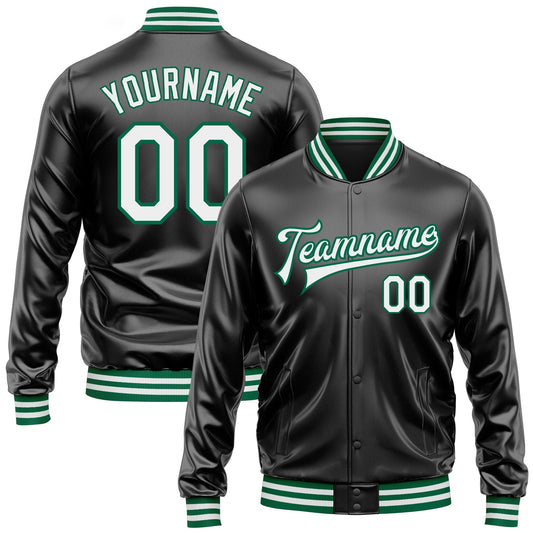Custom Black White-Kelly Green Bomber Full-Snap Varsity Faux Leather Letterman Jacket - Main View