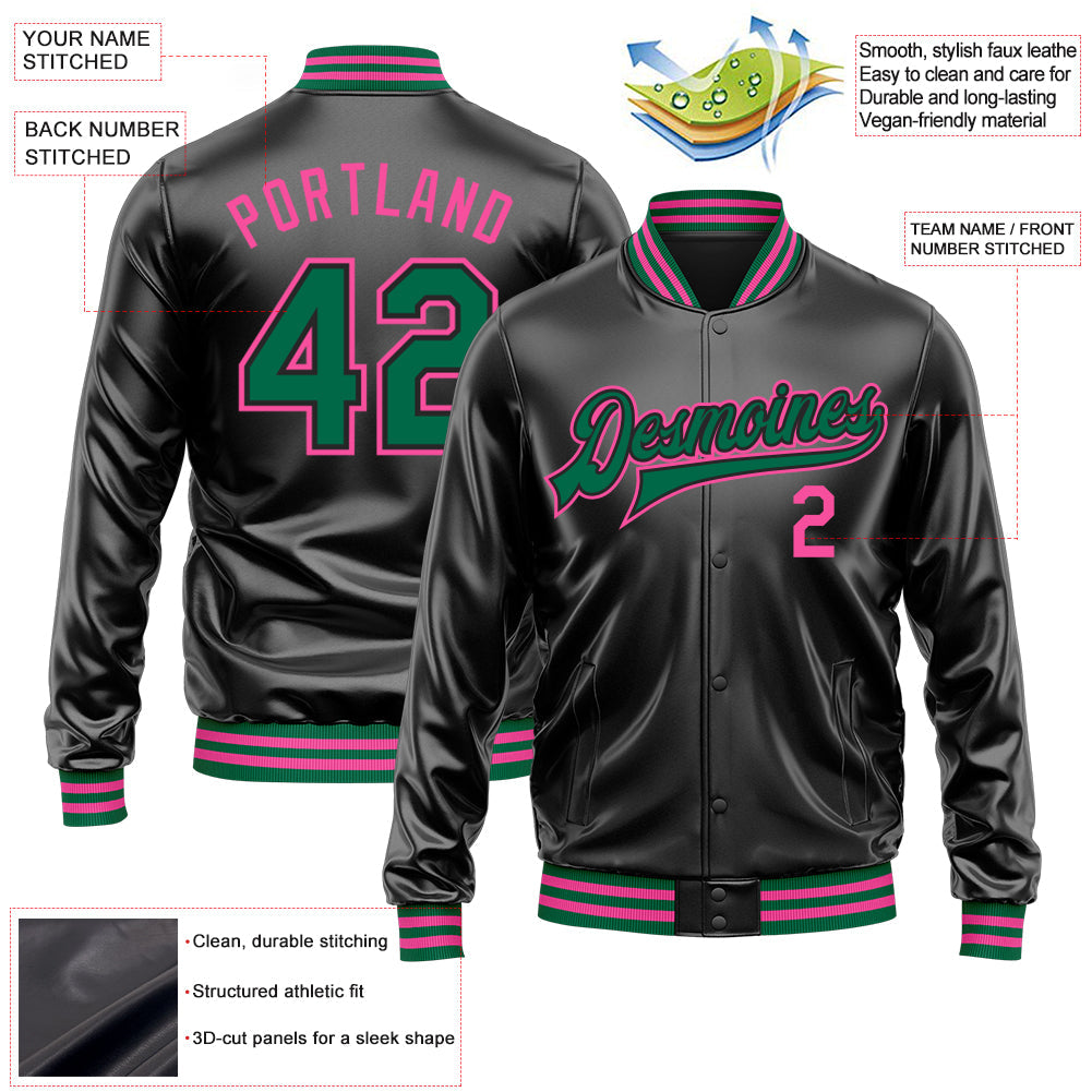 Custom Black Kelly Green-Pink Bomber Full-Snap Varsity Faux Leather Letterman Jacket view 2