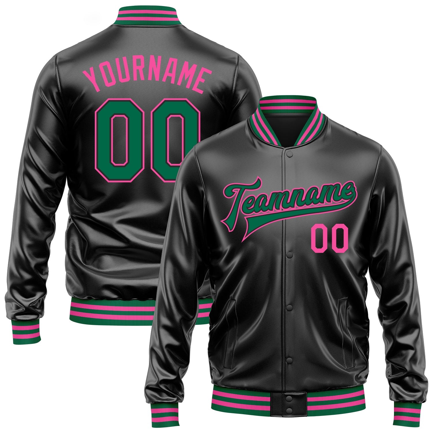 Custom Black Kelly Green-Pink Bomber Full-Snap Varsity Faux Leather Letterman Jacket - Main View