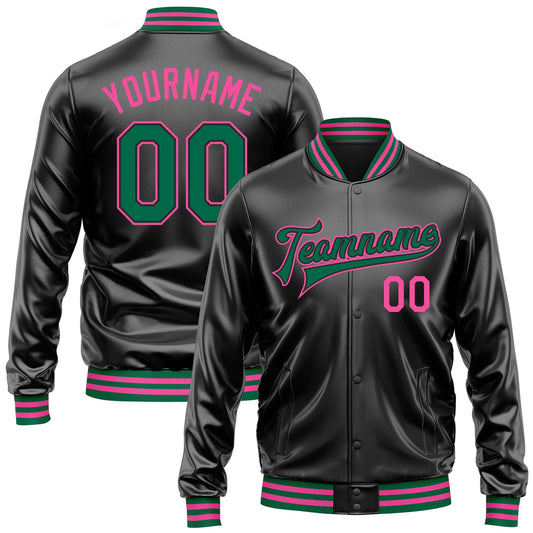 Custom Black Kelly Green-Pink Bomber Full-Snap Varsity Faux Leather Letterman Jacket - Main View