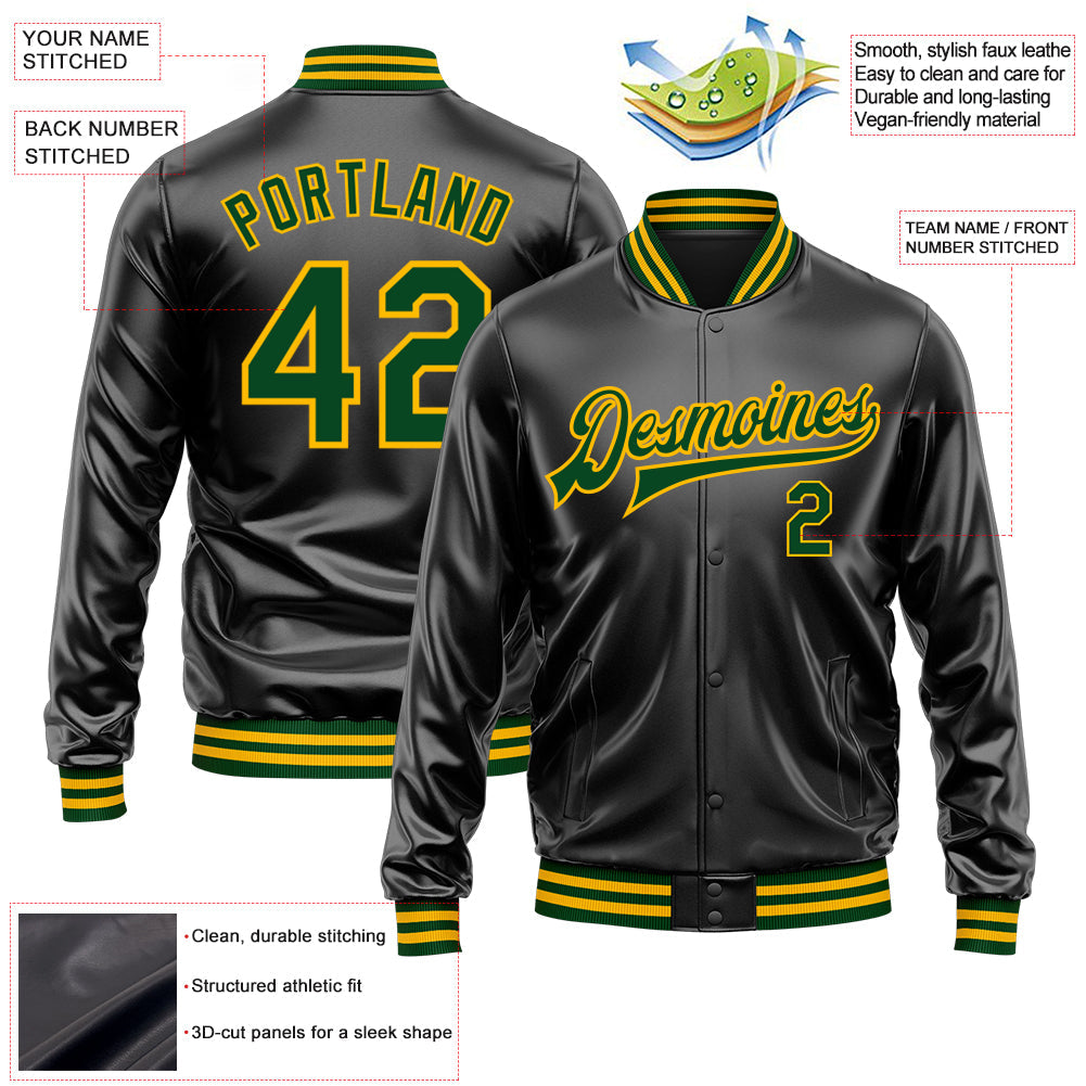 Custom Black Green-Gold Bomber Full-Snap Varsity Faux Leather Letterman Jacket view 2