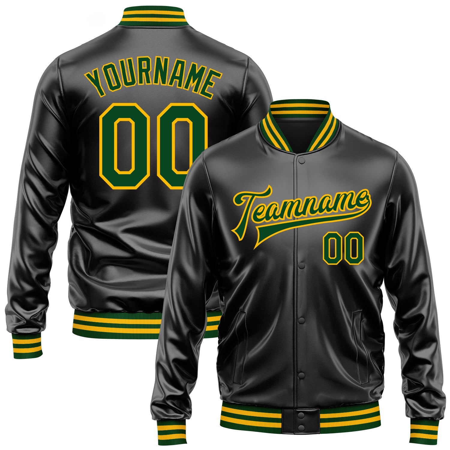 Custom Black Green-Gold Bomber Full-Snap Varsity Faux Leather Letterman Jacket - Main View