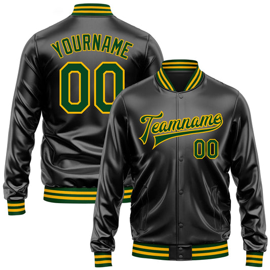 Custom Black Green-Gold Bomber Full-Snap Varsity Faux Leather Letterman Jacket - Main View