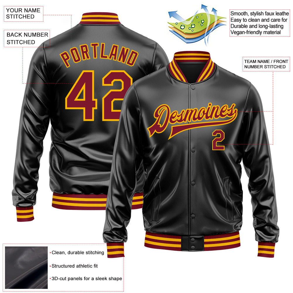 Custom Black Crimson-Gold Bomber Full-Snap Varsity Faux Leather Letterman Jacket view 2