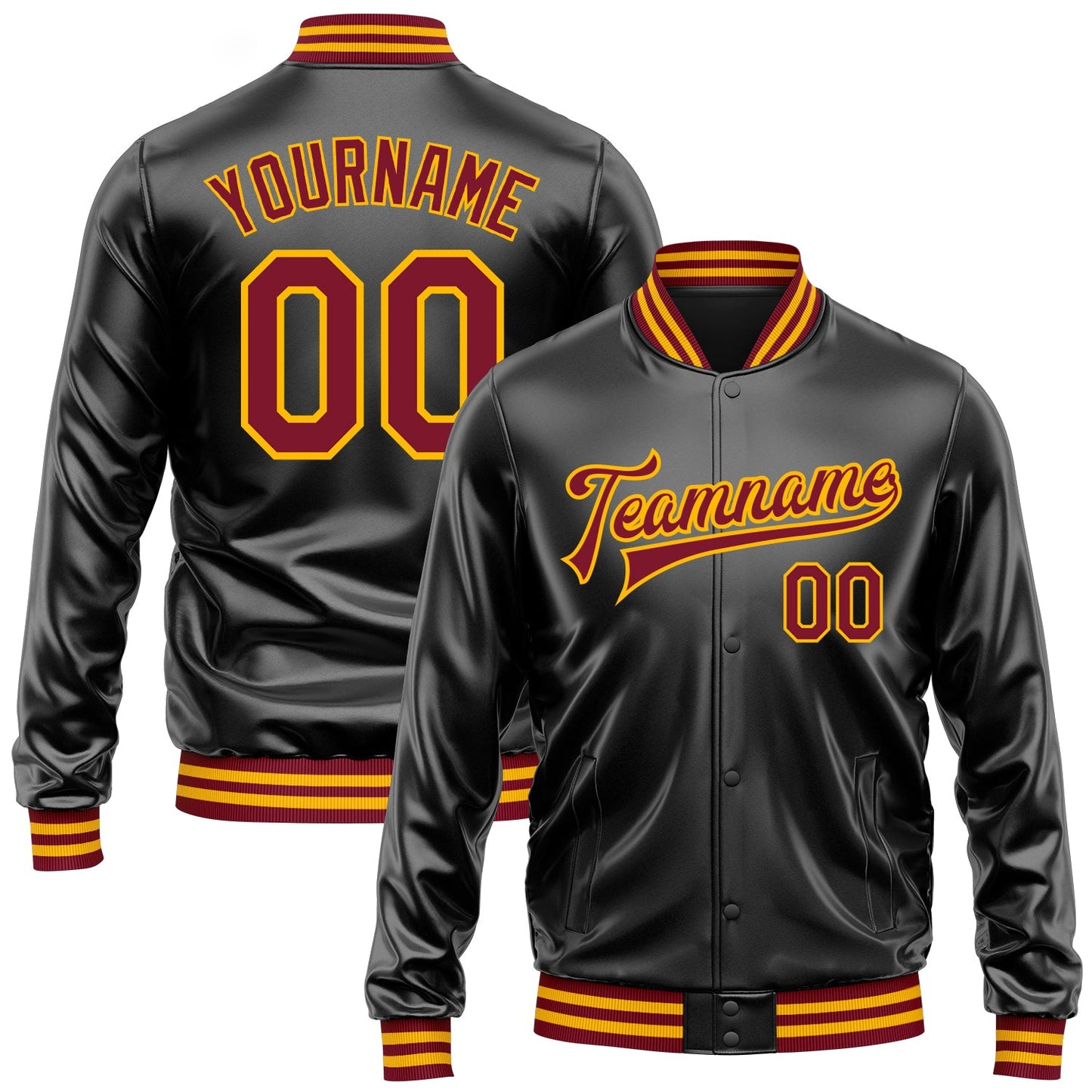 Custom Black Crimson-Gold Bomber Full-Snap Varsity Faux Leather Letterman Jacket - Main View