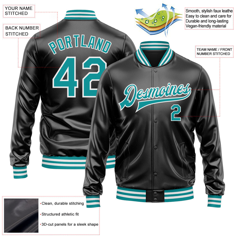 Custom Black Teal-White Bomber Full-Snap Varsity Faux Leather Letterman Jacket view 2